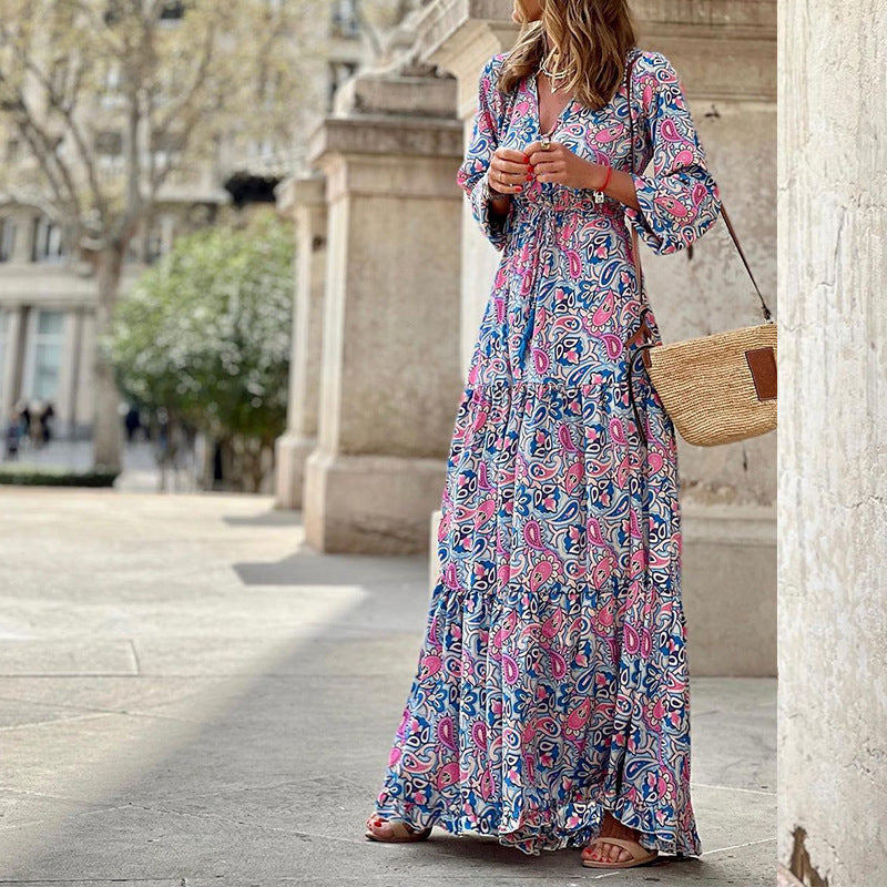 Women's Spring Elegant V-neck Bohemian Printed Large Dresses