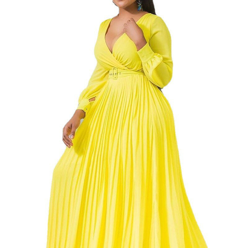 Yellow High Waist Slimming Solid Color Dresses