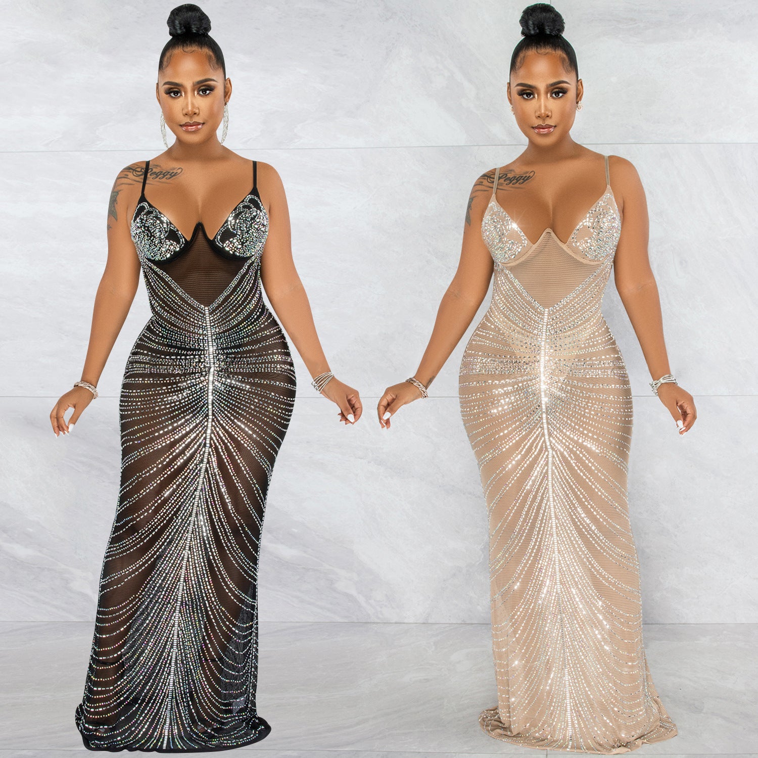 Rhinestone Sexy Spaghetti Straps Chest Wrap Mesh Dresses