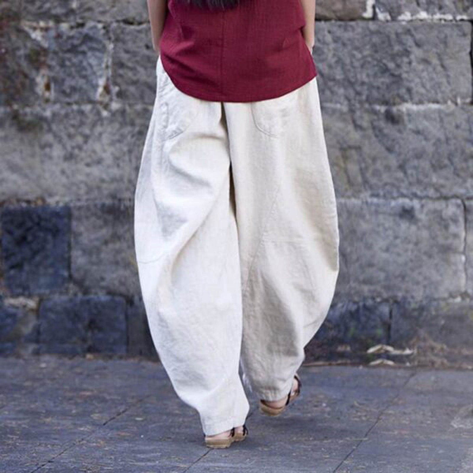 Women's Cotton And Linen Loose Casual Stitching Solid Color Pants