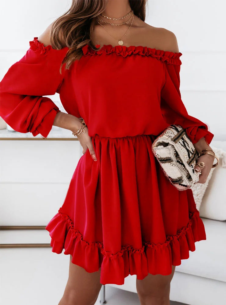 Women's Solid Color Sweet Long Sleeve Waist Dresses