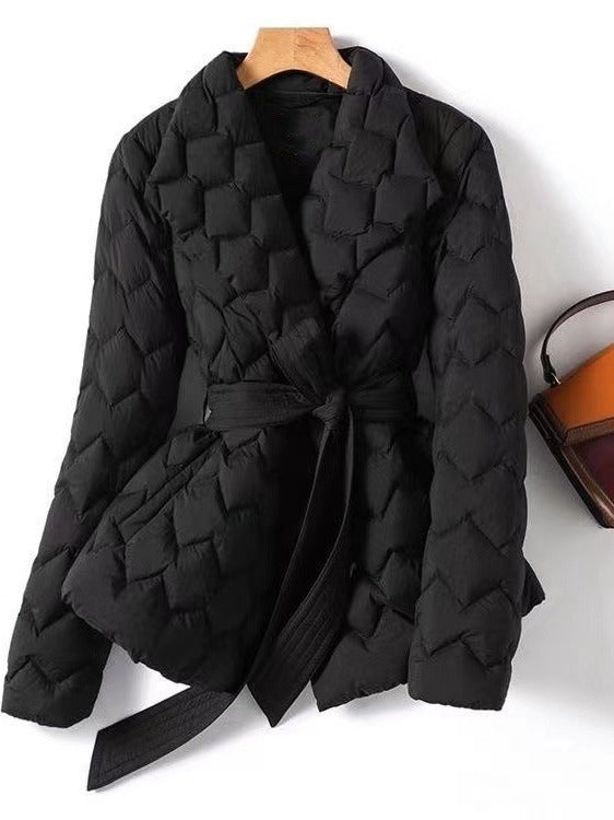 Water Ripple Quilted Lightweight Down Lapel Belt Tight Coats