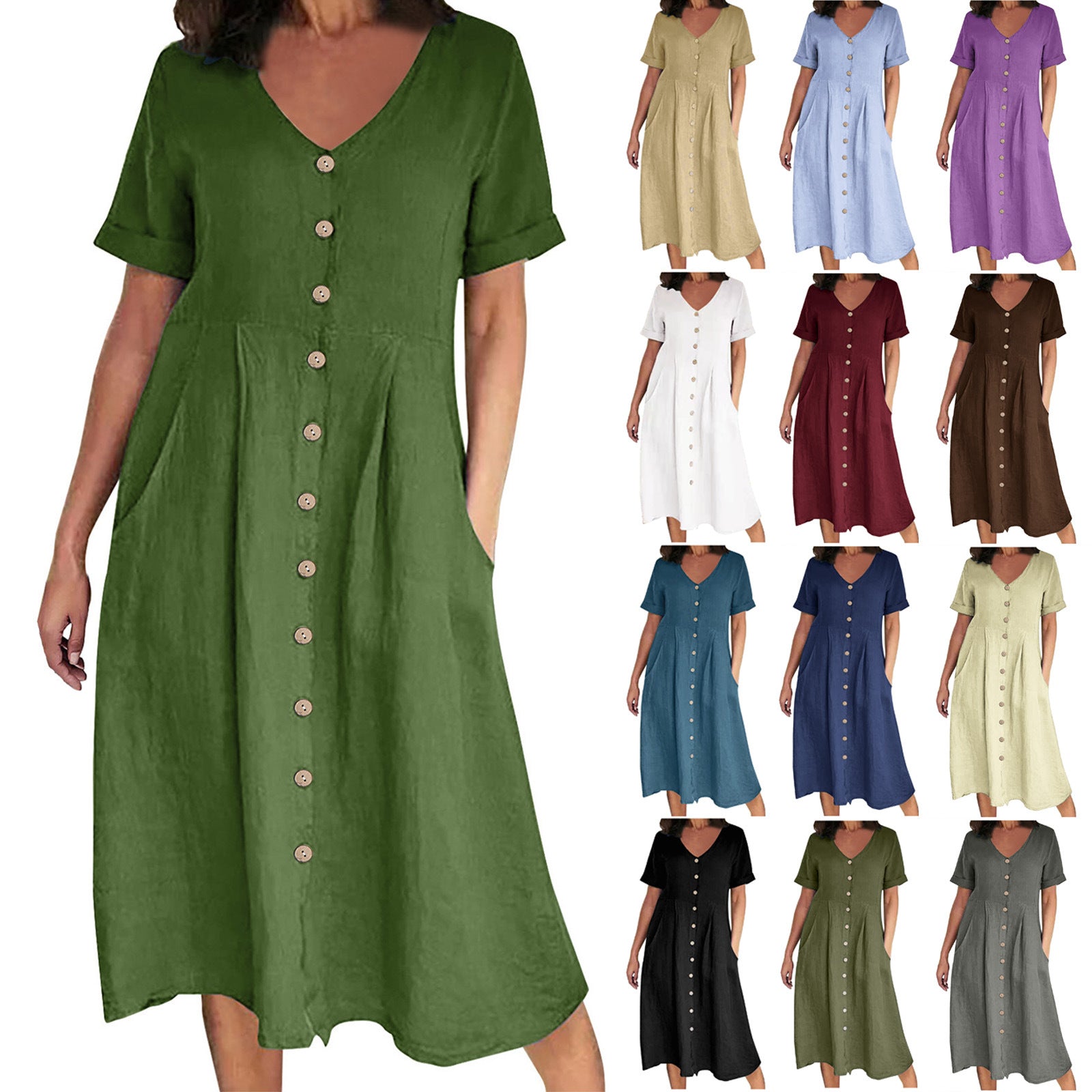 Solid Color Loose High Waist Cotton And Dresses