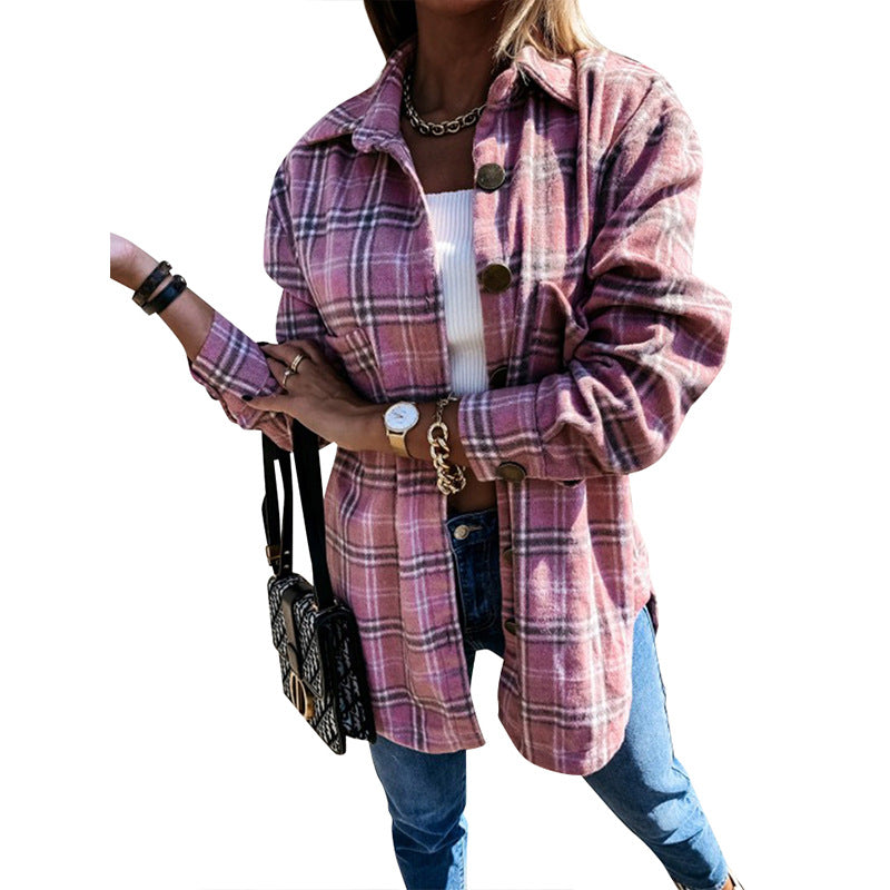 Women's Plaid Shirt Loose Mid-length Woolen Coats