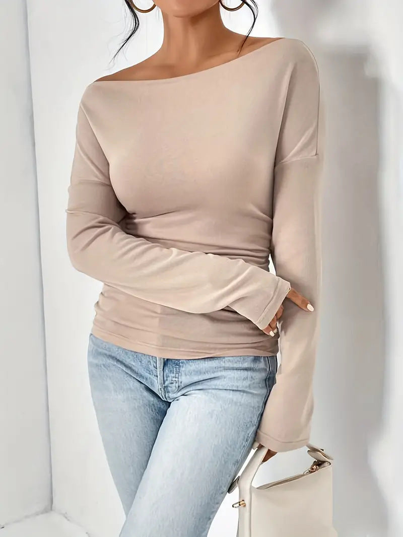 Women's Solid Color Shoulder Long Sleeve Pleated Blouses