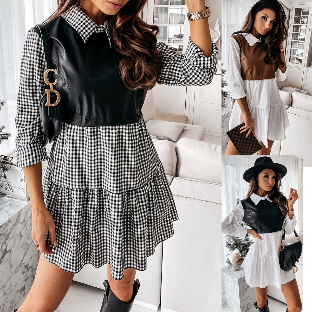 Women's Collar Stitching Printing Color Plaid Leather Dresses