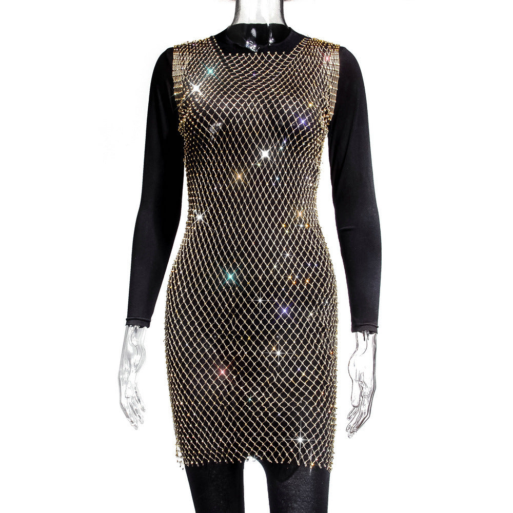 Women's Rhinestone Fishnet Summer Mesh One-piece Dress Blouses