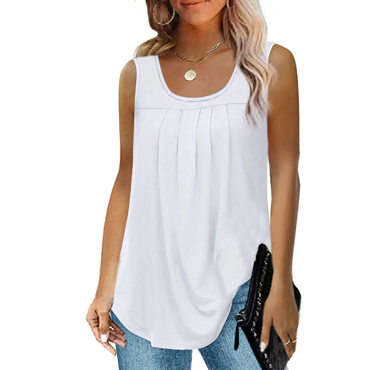 Women's Pleated Round Neck Dovetail Sleeveless Blouses