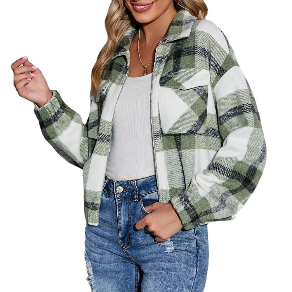 Women's Casual Printed Plaid Pocket Zipper Coats