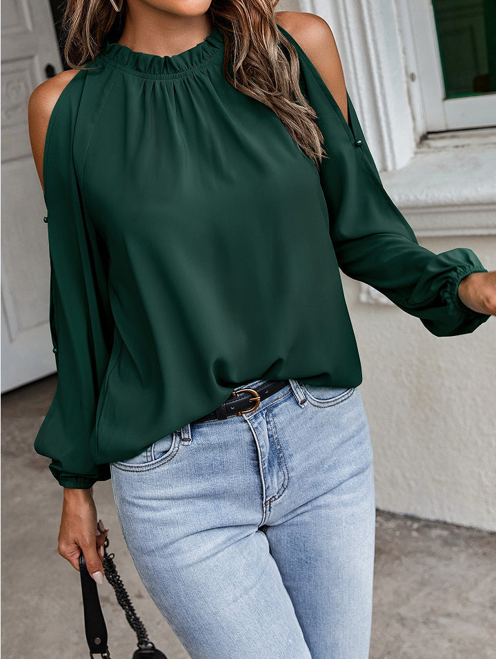 Women's Color Lotus Leaf Round Neck Long Sleeve Pleated Blouses