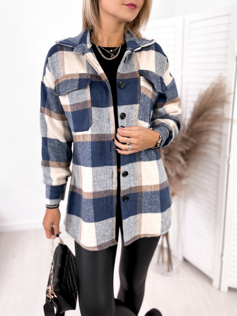 Long Sleeve Single-breasted Plaid Printed Collar Coats