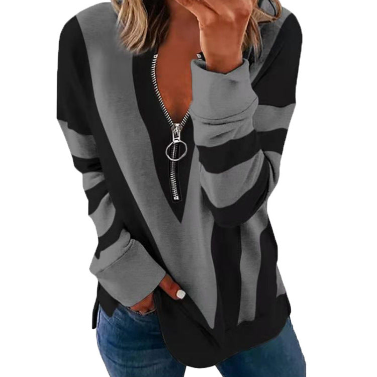 Women's V-neck Zipper Personalized Printed Long-sleeved Blouses