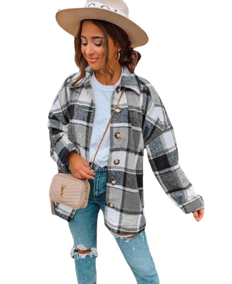 Women's Long Sleeve Lapel Loose Plaid Shirt Blouses