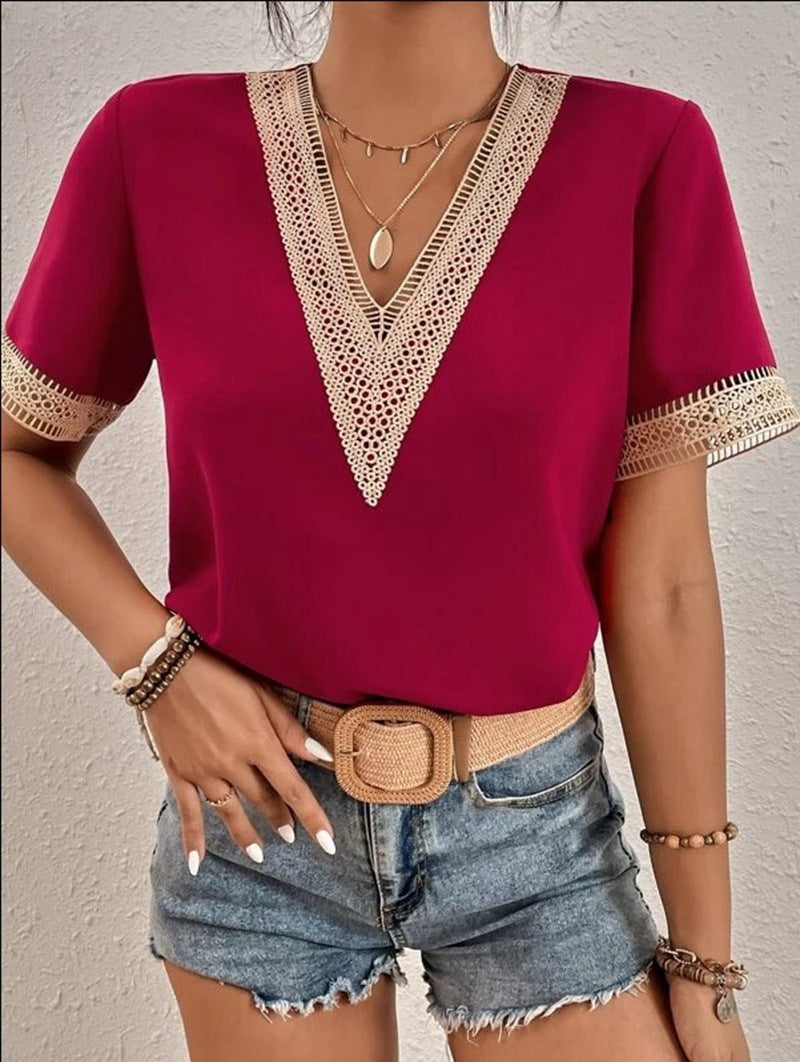 Women's V-neck Lace Casual Solid Color Shirt Blouses