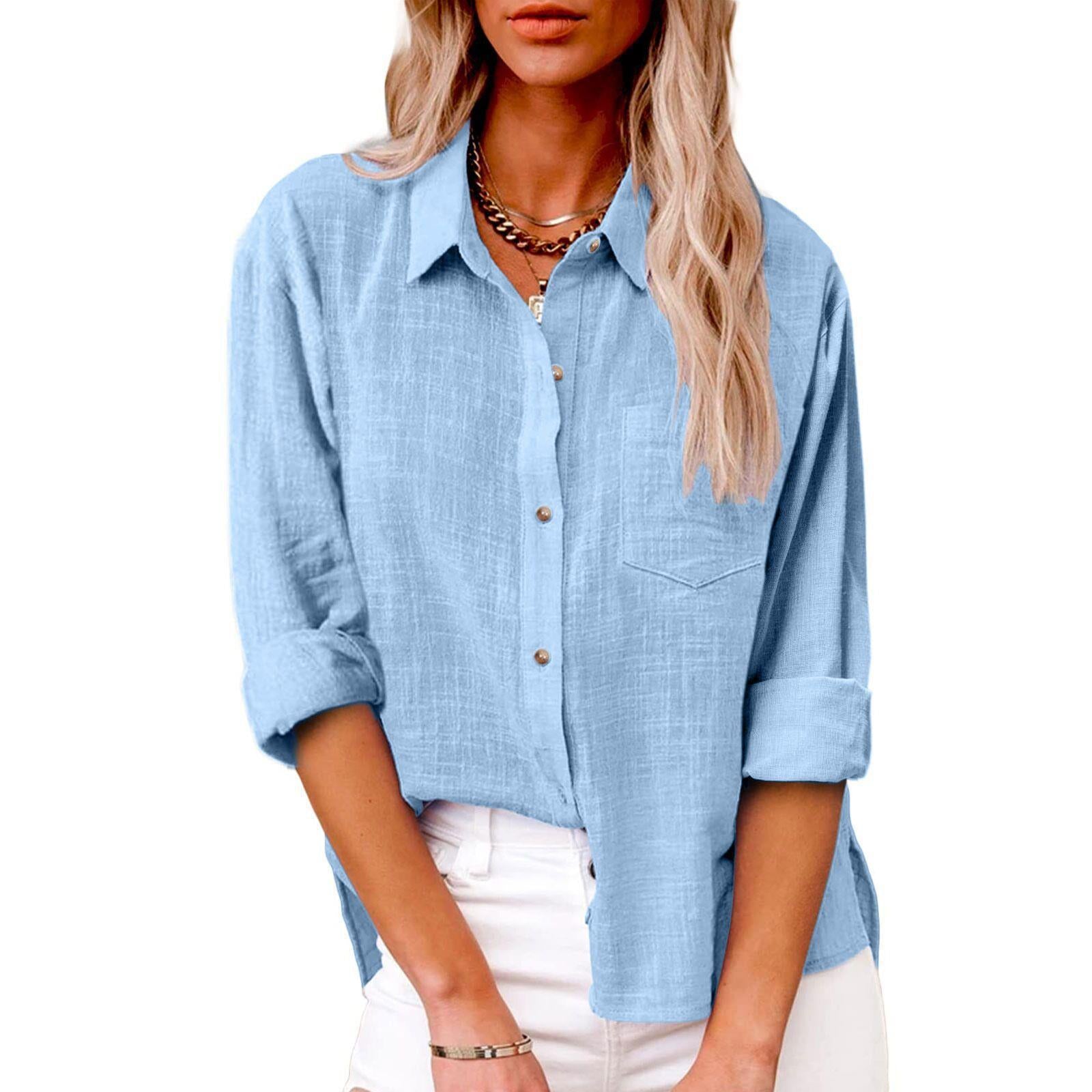 Women's Autumn Pocket Split Linen Long-sleeved Blouses