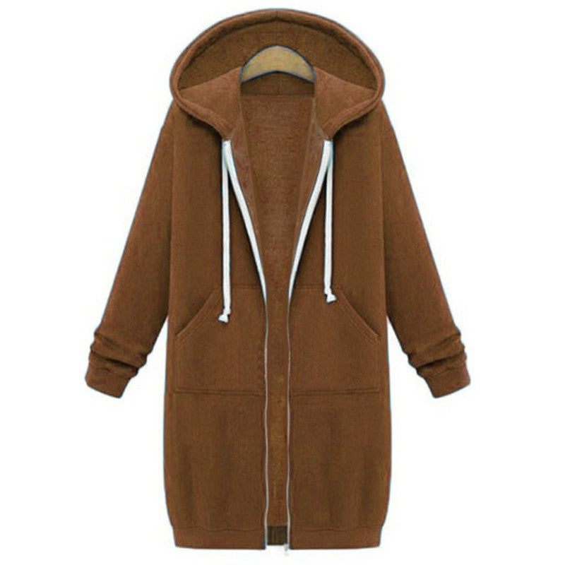 Women's Solid Color Fleece-lined Pocket Hooded Zipper Coats