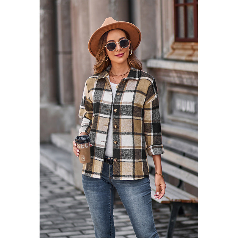 Women's Long Sleeve Loose Plaid Shirt Mid-length Coats