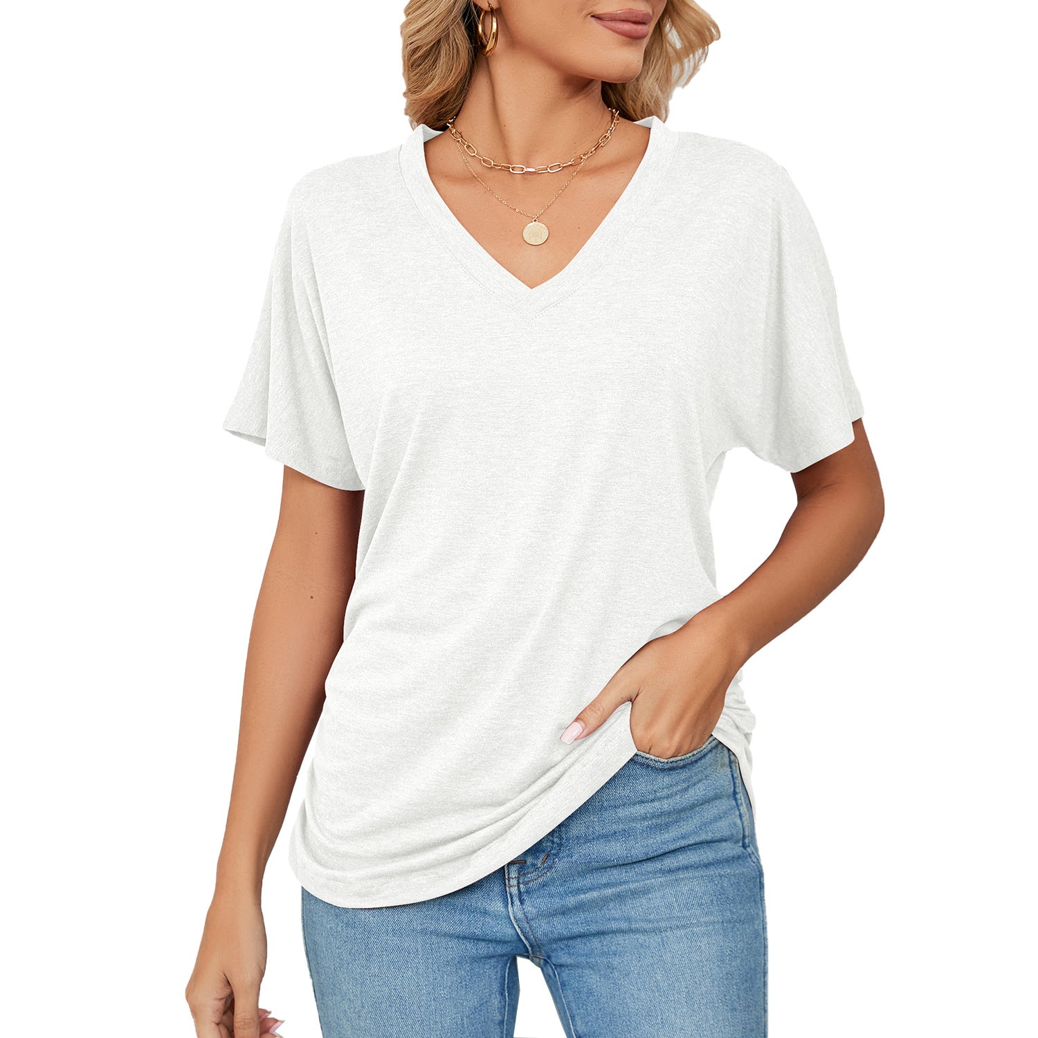 Women's Summer Leisure Pullover V-neck Solid Color Blouses
