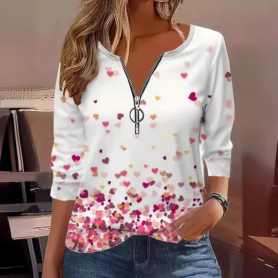 Women's Digital Printing Heart Round Neck Zipper Blouses