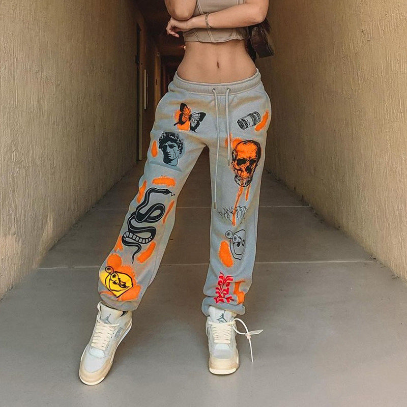 Women's Cartoon Print Jogger Drawstring Street Casual Pants