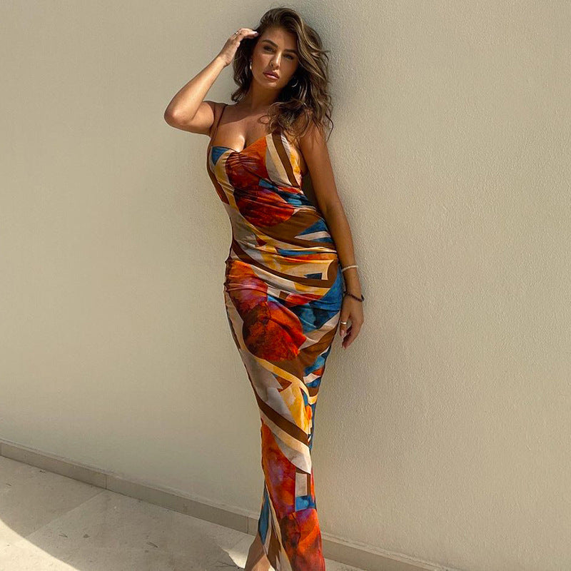 Women's Floral Print Slit Backless Tube Slim Dresses