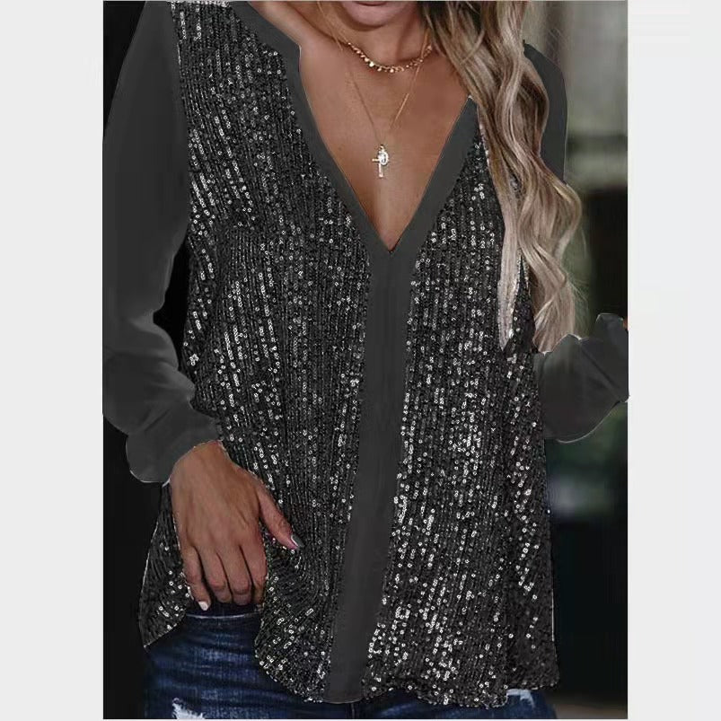 V-neck Long Sleeve Loose Pullover Solid Color Blouses