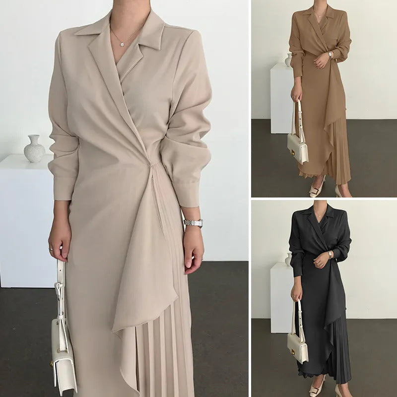 Women's Elegant Shirt Dress Vintage Long Solid Dresses