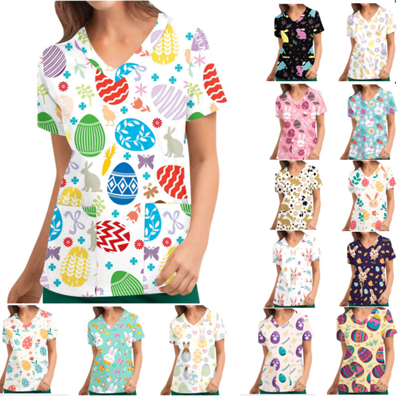 Women's Nurse Printed Shirt Sleeve Bottoming T-shirt Blouses