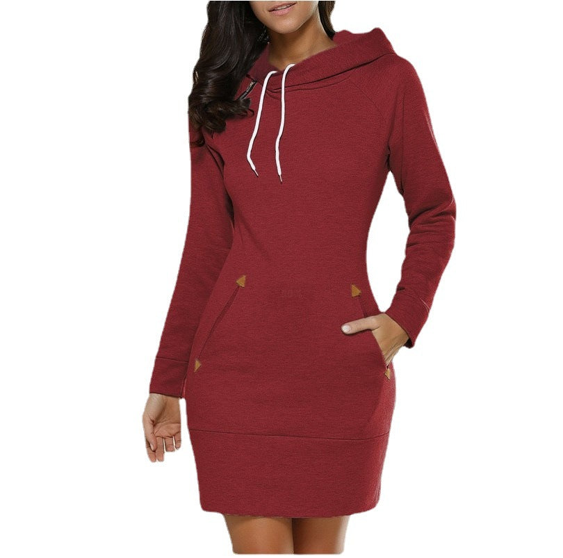 Stylish Hooded Zipper Pullover Mid-length Dress Dresses