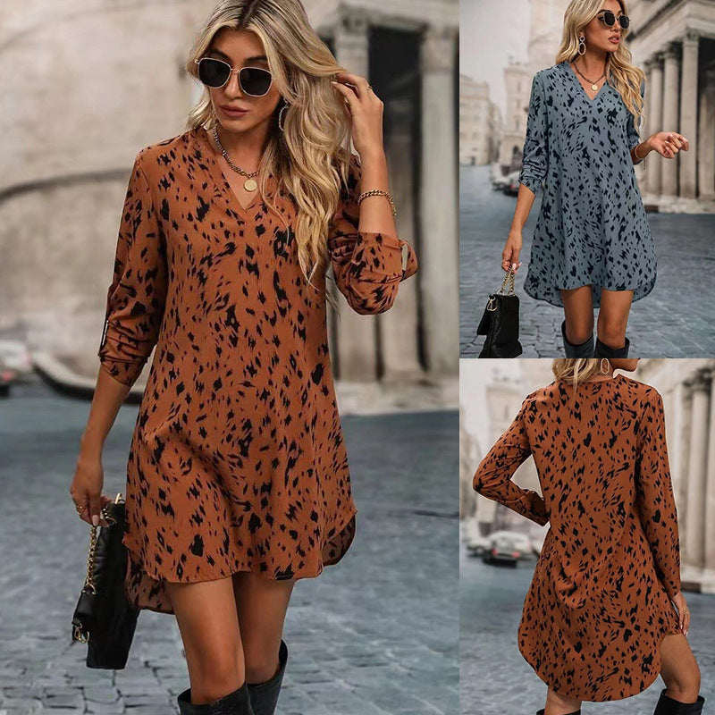 Women's Summer Fashionable Leopard Print Long Sleeve Dresses