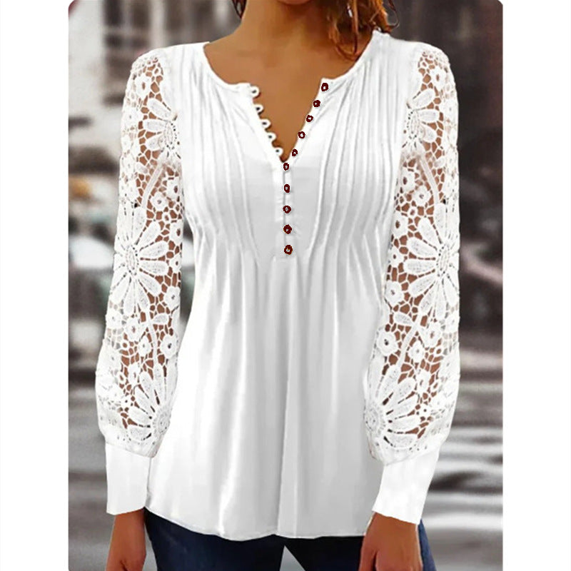 Women's Spring Lace Long Sleeve Pleated Solid Tops