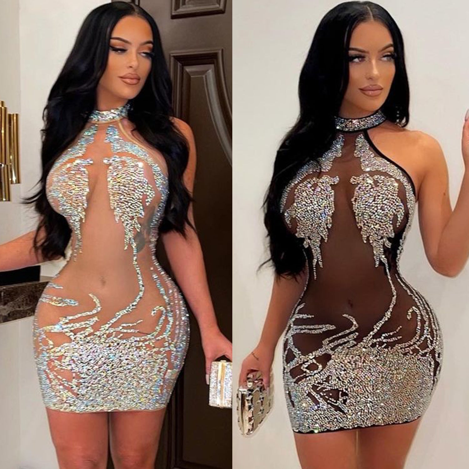 Women's Summer Sexy Tight Mesh Rhinestone Nightclub Dresses