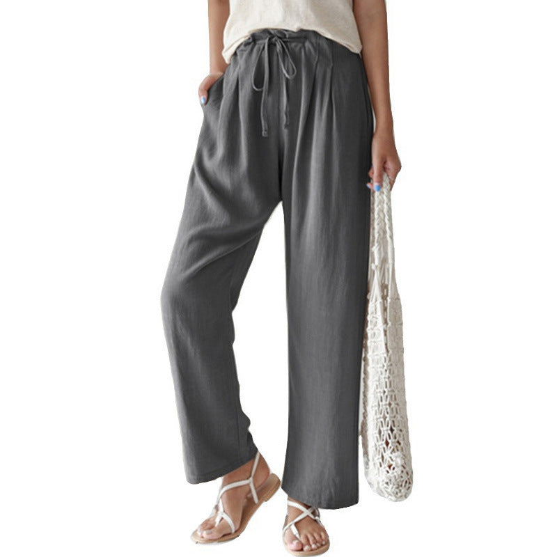 Women's Linen Loose Casual Pure Color Elastic Waist Lace Up Pants