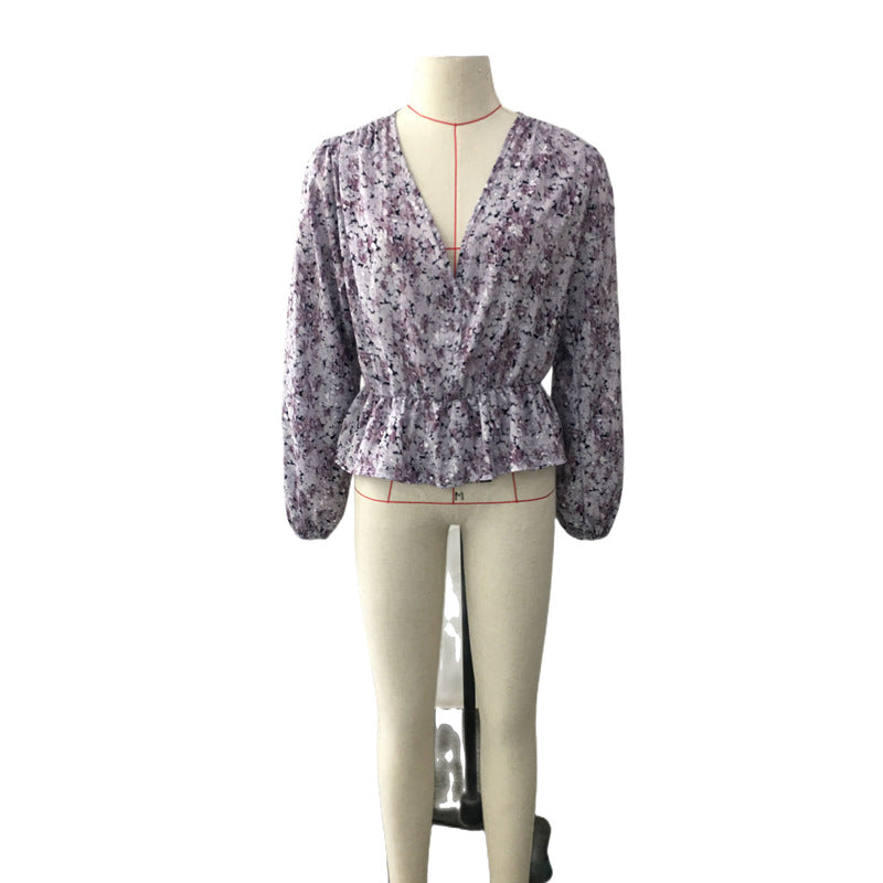 Long Sleeve Floral Chiffon Casual V-neck Blouses