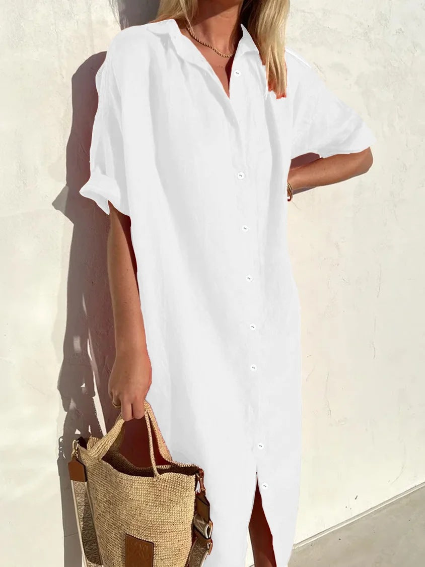 Women's Casual Loose Sleeves Button Dress Cotton And Dresses