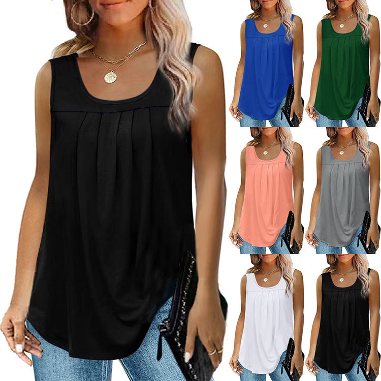 Women's Pleated Round Neck Dovetail Sleeveless Blouses