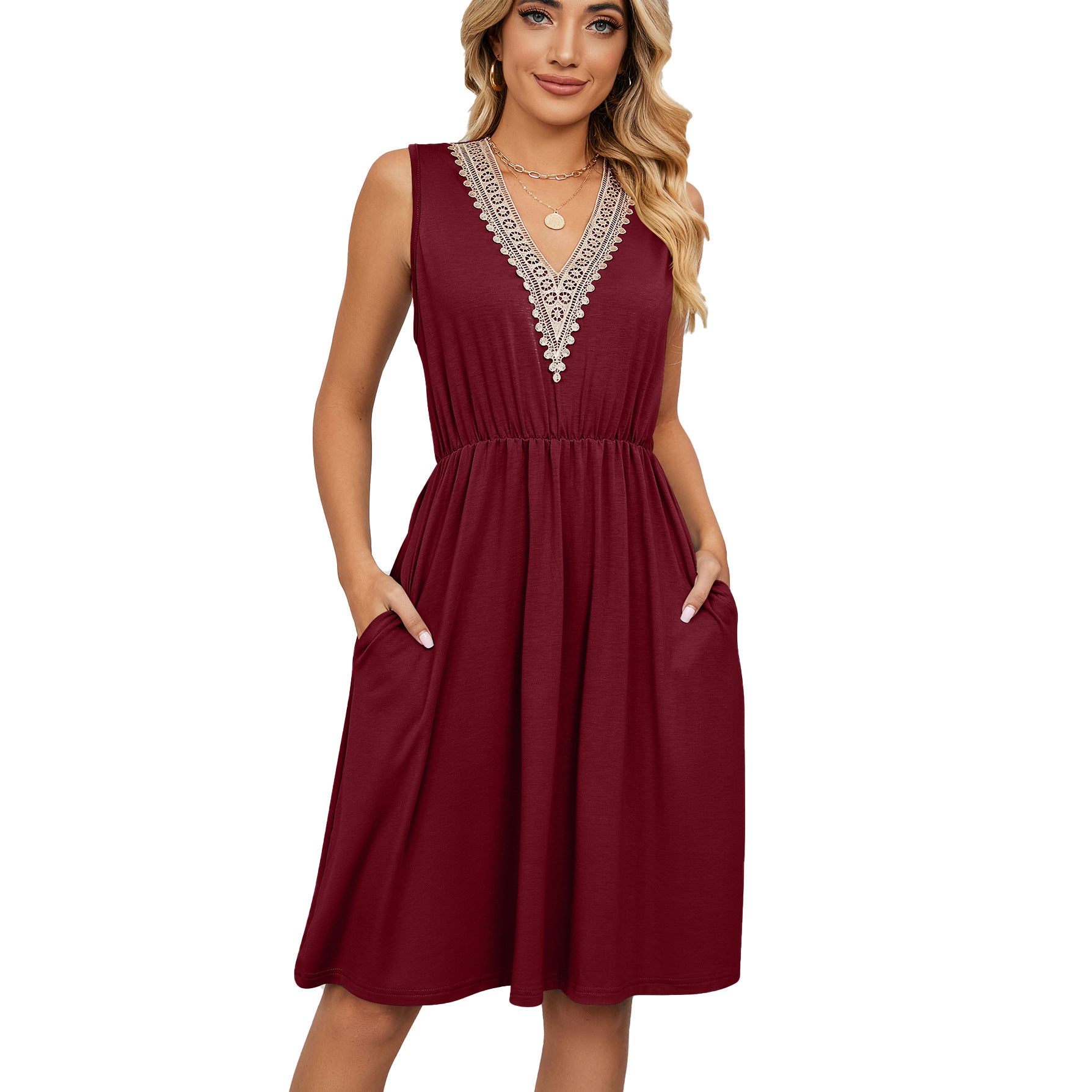 Solid Color V-neck Stitching Sleeveless Pocket Dresses