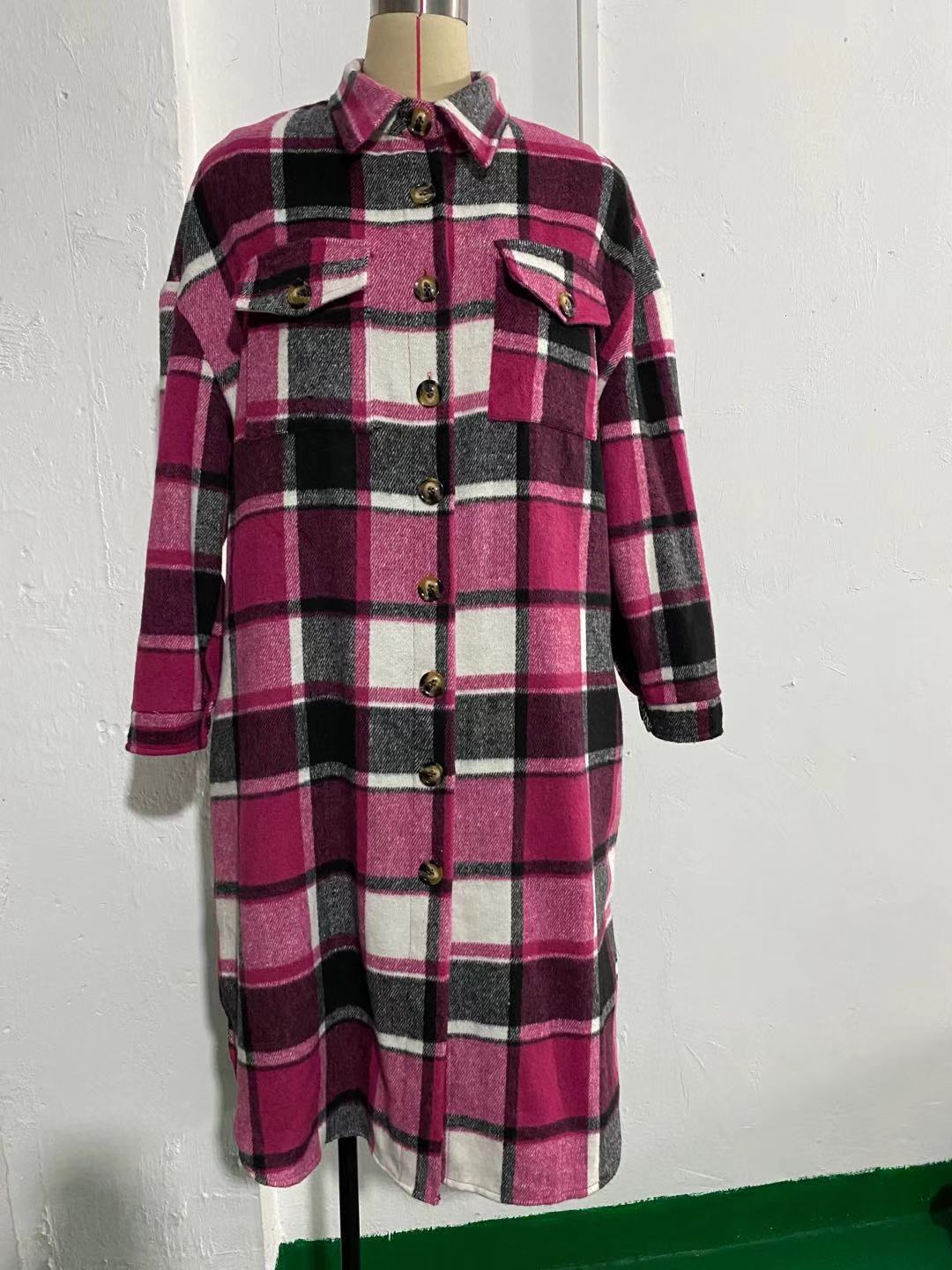 Women's Long Slit Woolen Plaid Trench Coats