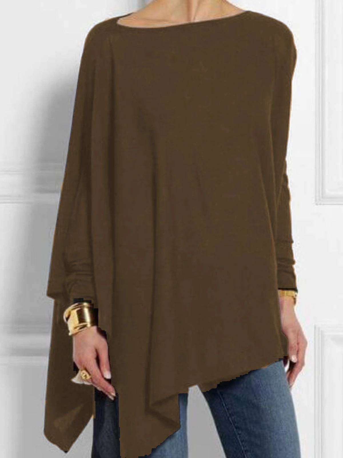 Long Sleeve Irregular Solid Color Pullover T-shirt Casual Tops