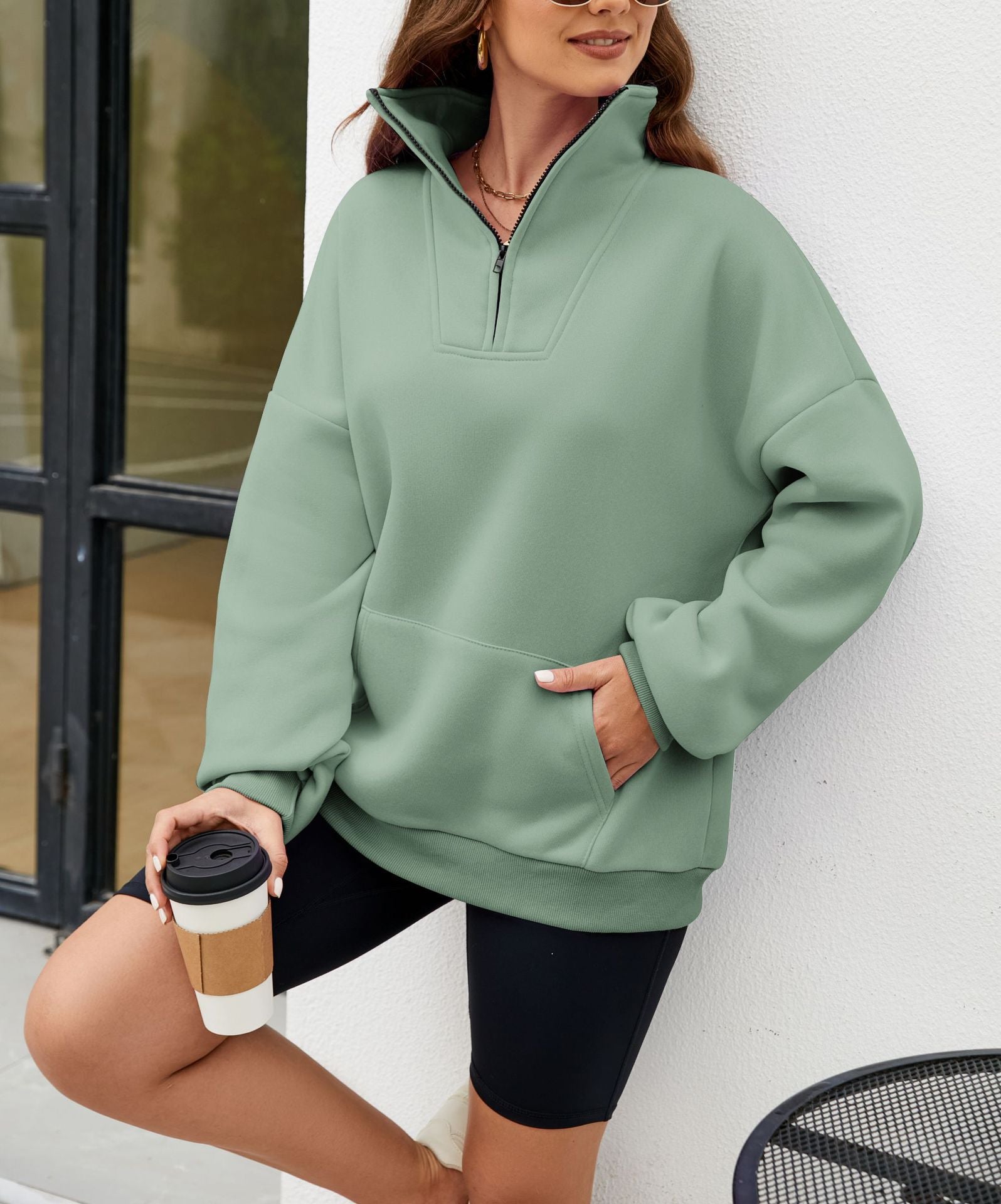 Women's Collar Solid Color Hoodie Pocket Zipper Casual Sweaters