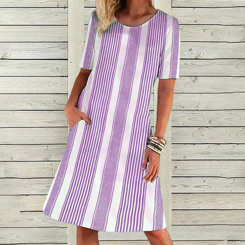 Women's Gradient Striped Positioning Printed Pocket Round Dresses