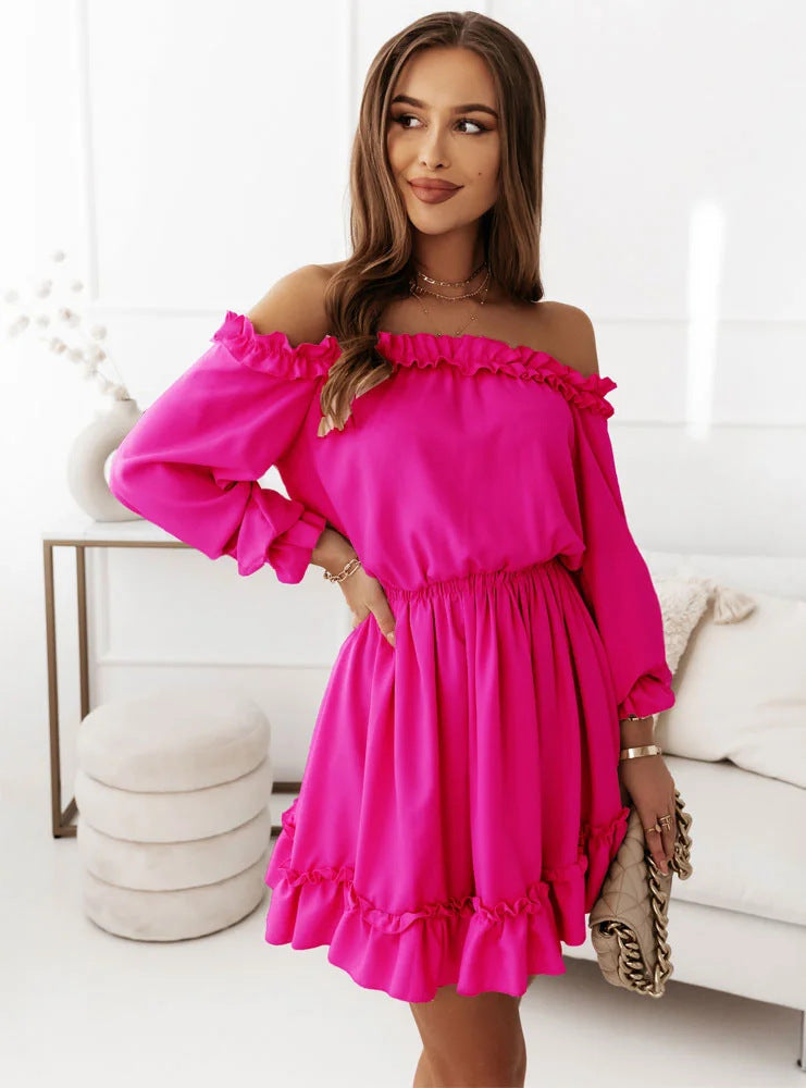 Women's Solid Color Sweet Long Sleeve Waist Dresses