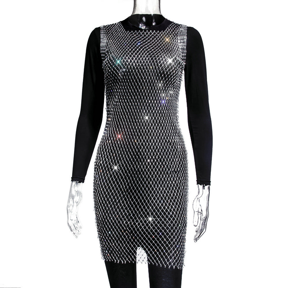 Women's Rhinestone Fishnet Summer Mesh One-piece Dress Blouses