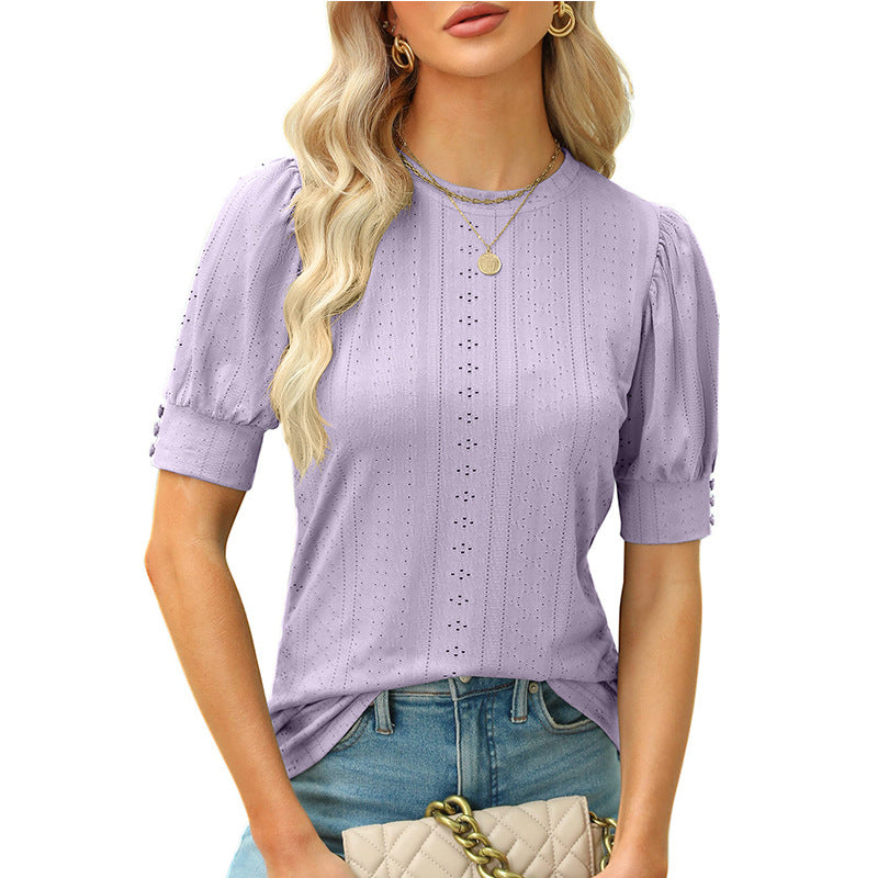 Women's Summer Round Neck Hole Hollow-out Button Blouses