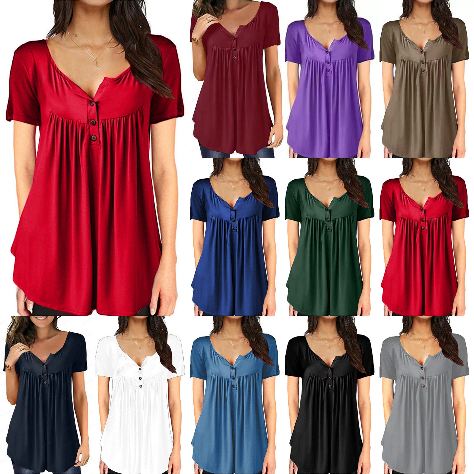 Women's Summer Solid Color Button Loose Short-sleeved Blouses
