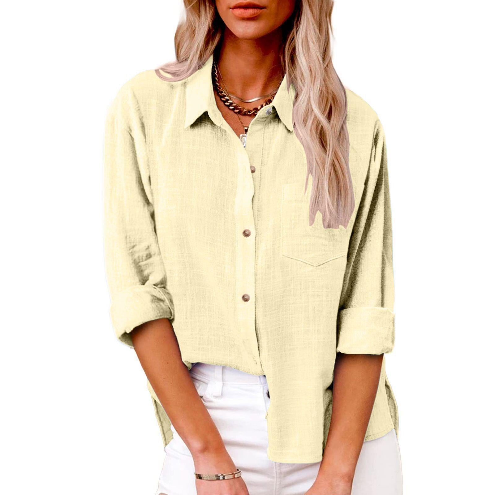 Women's Autumn Pocket Split Linen Long-sleeved Blouses