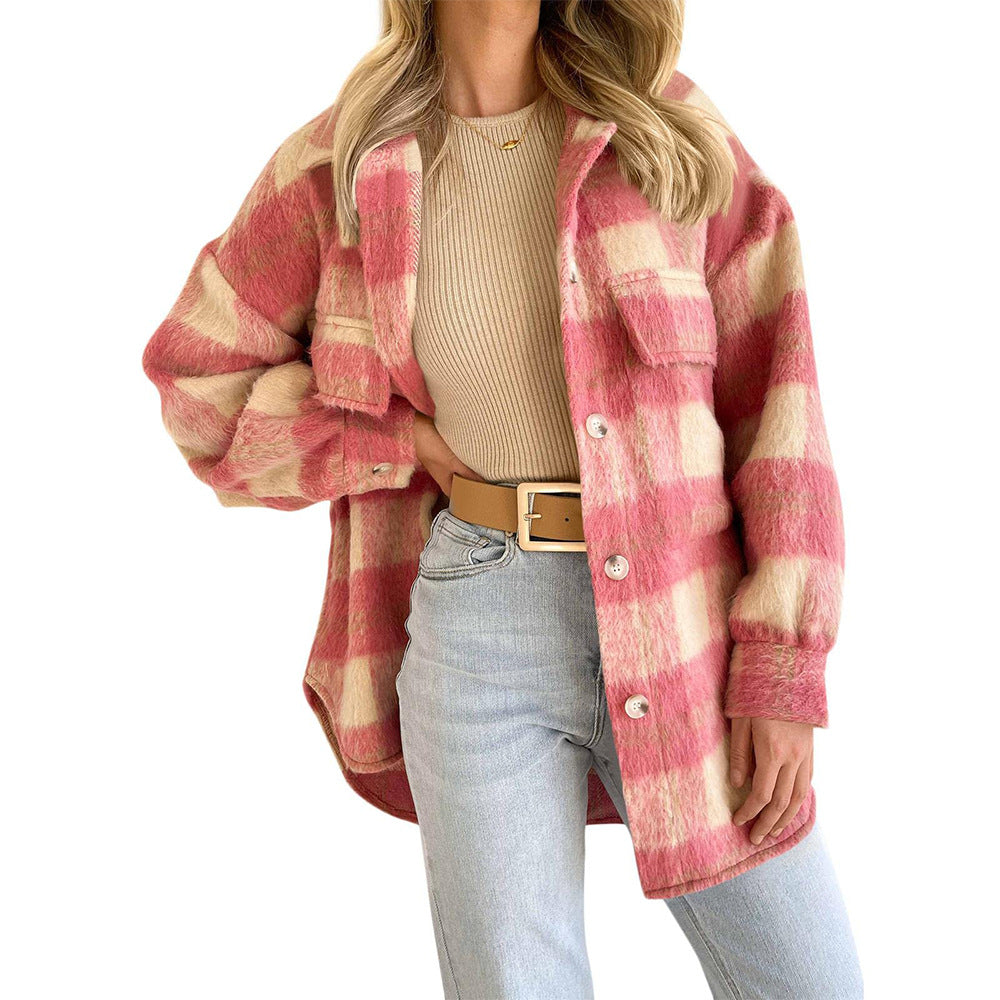 Casual Women's Stylish Plaid Woolen Thick Coats