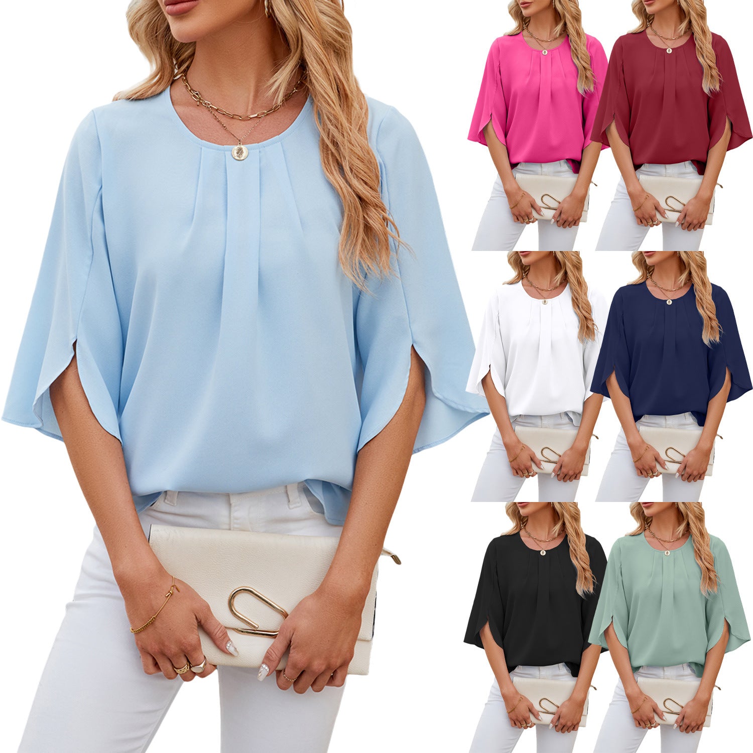 Women's Color Round Neck Half Sleeve Loose Blouses