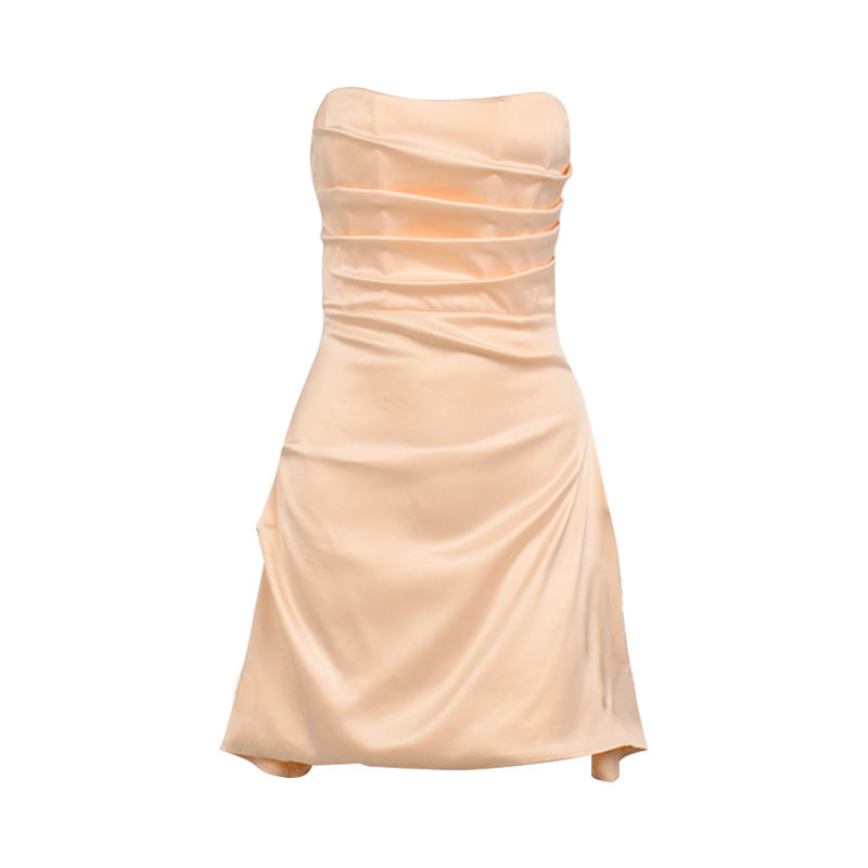 Women's Sexy Satin Fishbone Pleated Backless Strapless Dresses