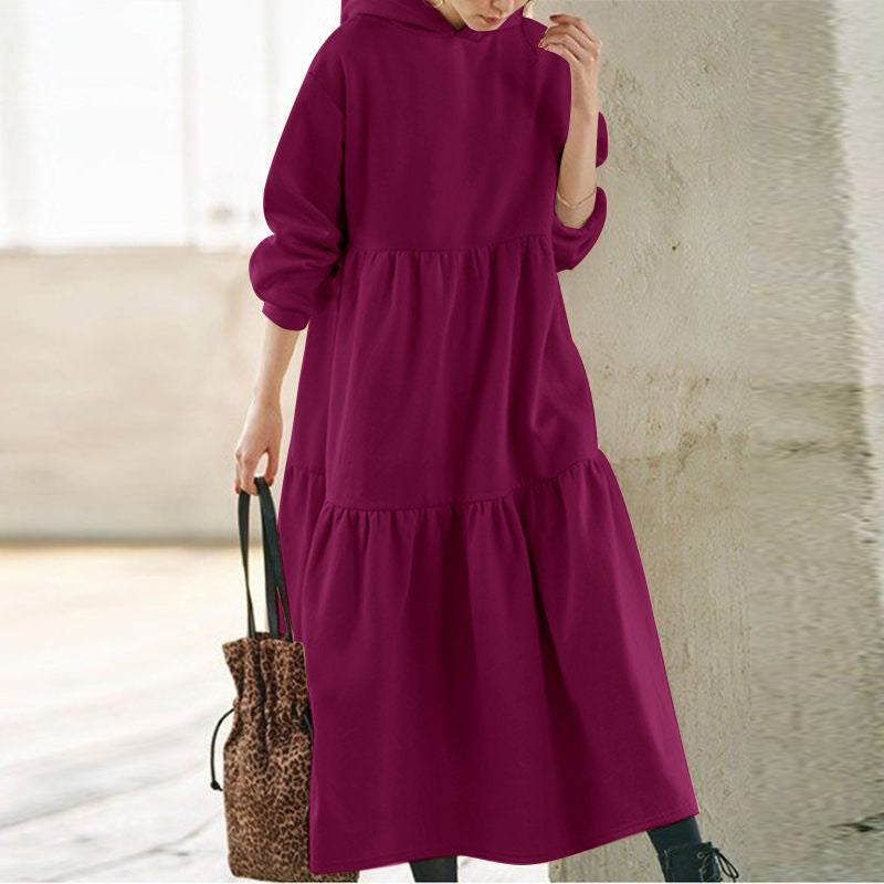 Women's Solid Color Hoodie Long Dress Retro Sweaters